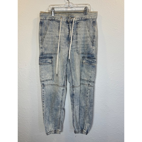 American Eagle Outfitters Pants - American Eagle Womens Acid Wash Cargo Jogger Jeans Light Blue Drawstring Denim